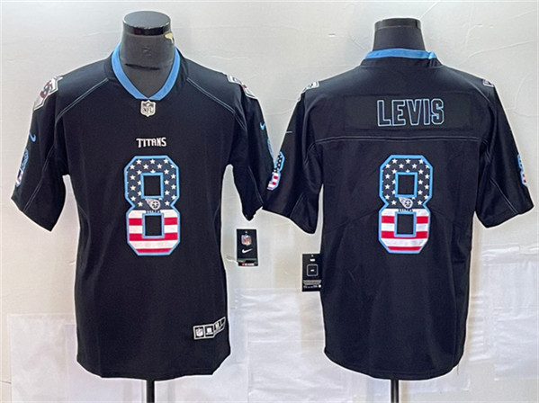 Men's Tennessee Titans #8 Will Levis Black 2018 USA Flag Color Rush Limited Stitched Jersey - Click Image to Close